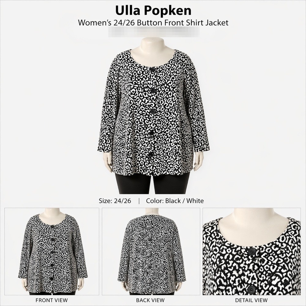 Ulla Popken Womens Black White Leopard Print Button Front Shirt Jacket Coat - Picture 1 of 4